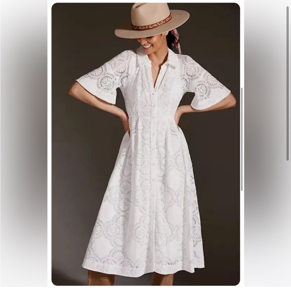 Anthropologie Maeve Women's Short Sleeve Lace Eyelet Midi White V Neck Dress